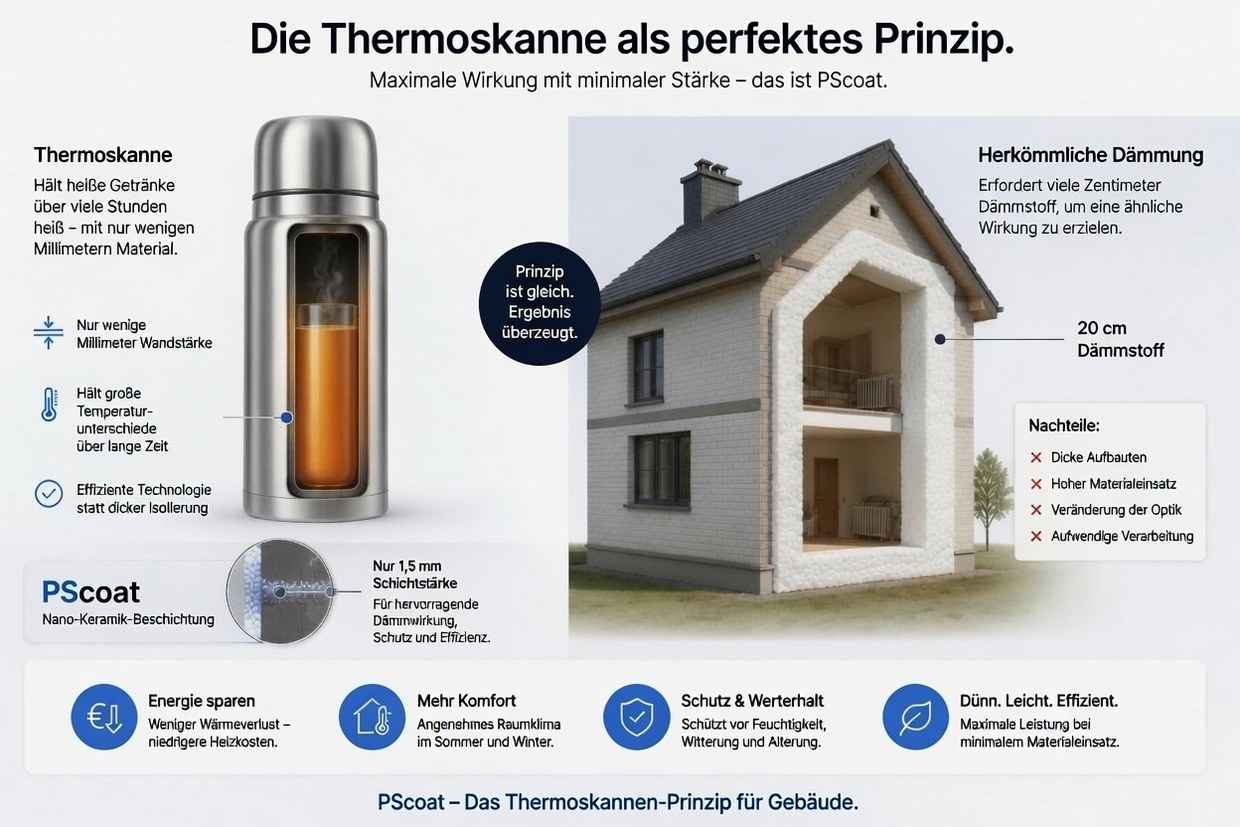 Vertailukuva: termospullo pitää lämmön muutaman millimetrin seinämällä, tavanomainen eriste tarvitsee siihen viidestätoista kahteenkymmeneen senttiä polystyreeniä